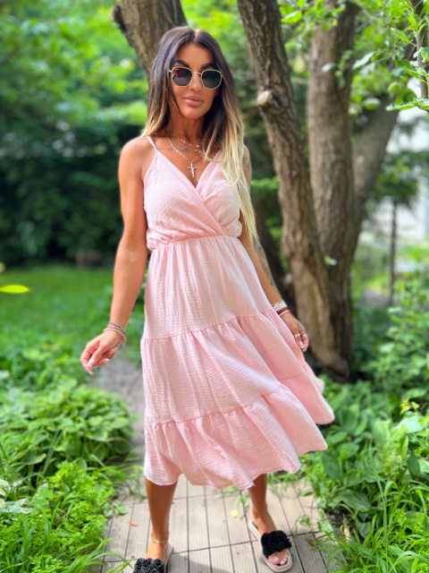 Letnia sukienka POPPY | blady róż | muślin | one size