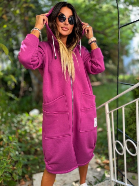 Długa bluza LAFAYETTE ocieplana z kapturem śliwka one size