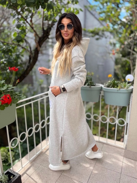 Długa sukienka DALLAS ocieplana z kapturem | szary melange | one size